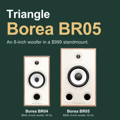 Triangle Borea BR04 and the new Borea BR05 drawn to the same scale: a 6-inch woofer at 649 dollars against an 8-inch woofer at 999