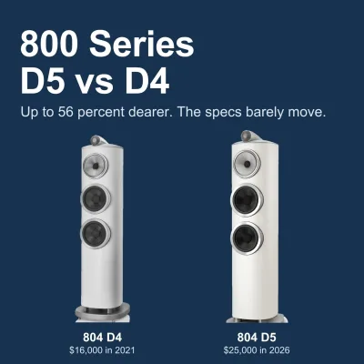 The Bowers & Wilkins 804 D4 and the 804 D5 that replaces it, at the same scale. Same driver sizes, same 89 dB sensitivity, 9,000 dollars apart.