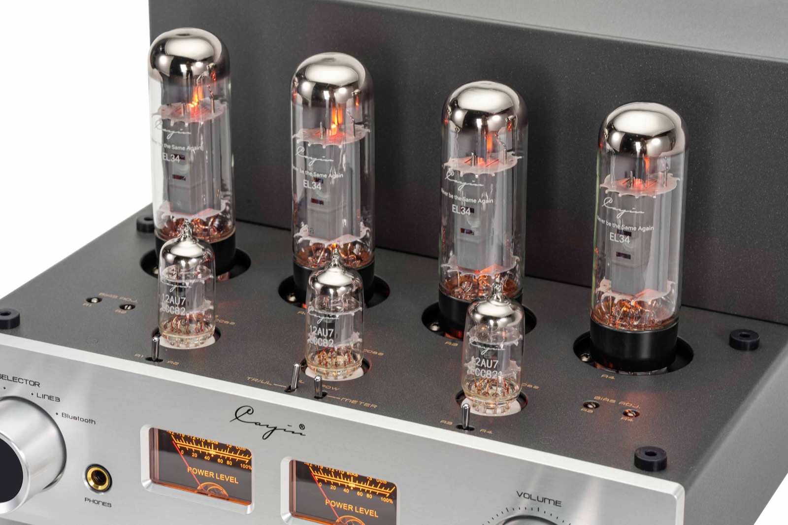 Four EL34s and three 12AU7s. In triode mode the four EL34s make 17 watts a channel instead of 35