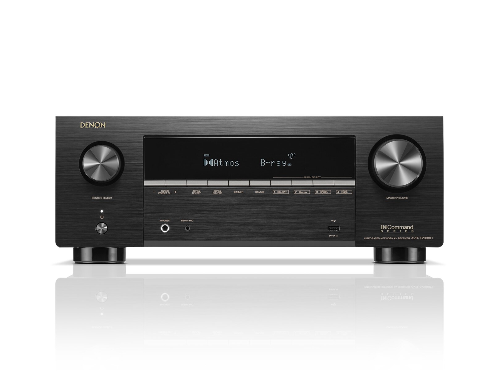 The AVR-X2900H has seven amplifier channels behind that panel. Both published power figures are measured with two of them running.