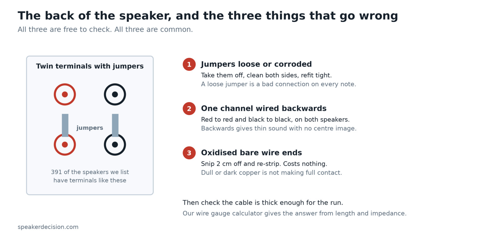 Twin speaker terminals and the three connection faults worth checking